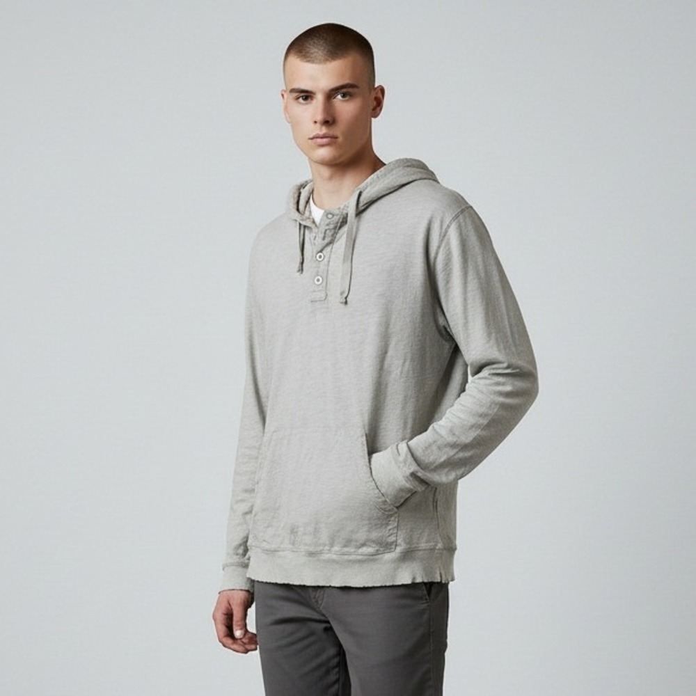 Lucky Brand Men's Hoodie Cream Long Sleeve Henley‎ Light Pullover Sweatshirt XL